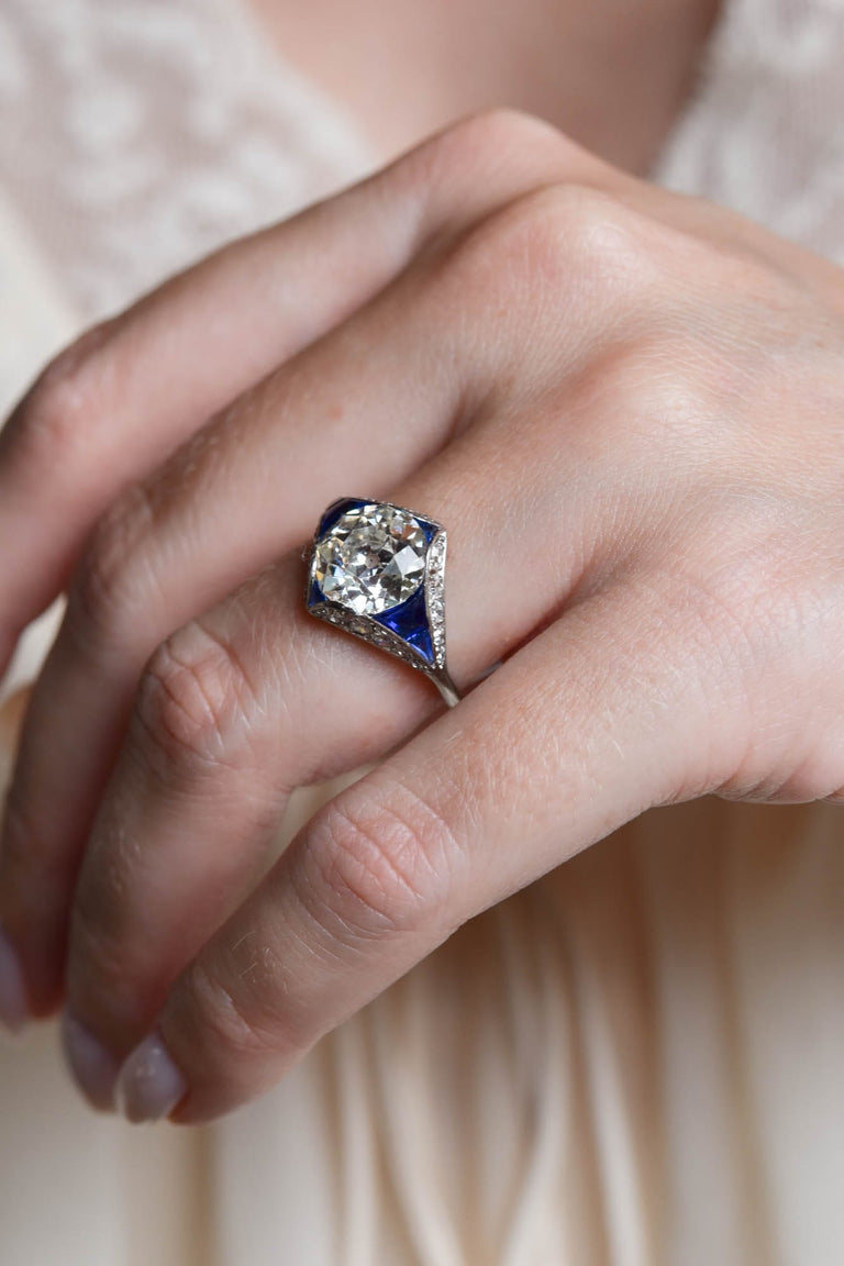 French Art Deco 3.00 Carat Old European Cut Diamond & Sapphire Vintage Engagement Ring