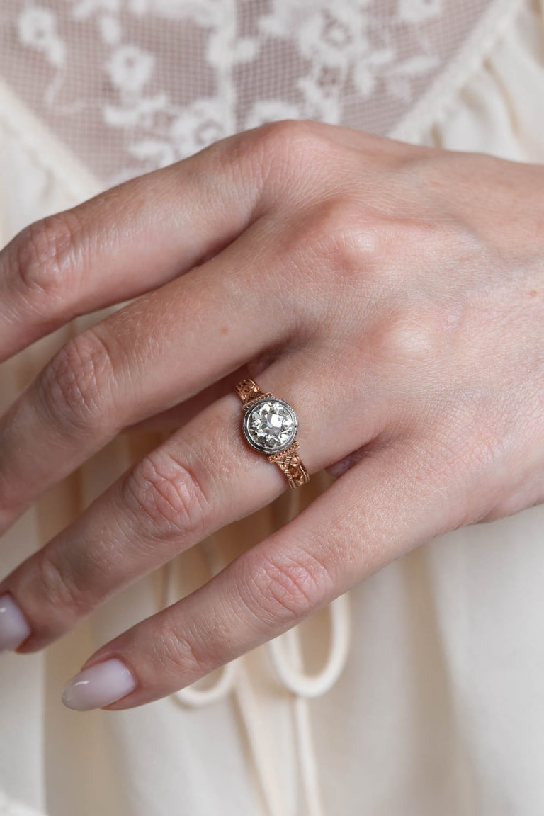 Victorian 1.49 Carat Old European Cut Diamond Two-Tone Bezel Set Engraved 14k Yellow Gold Antique Engagement Ring