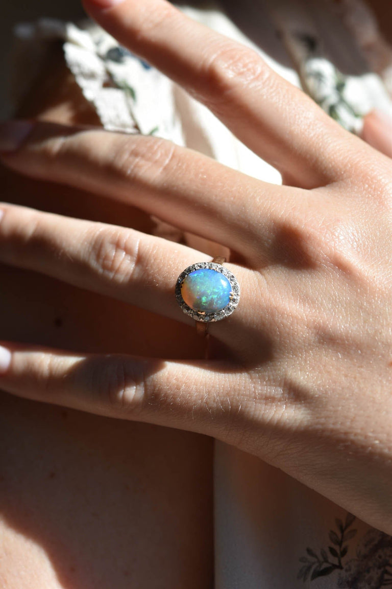 Edwardian Opal and Diamond Antique Cluster Ring