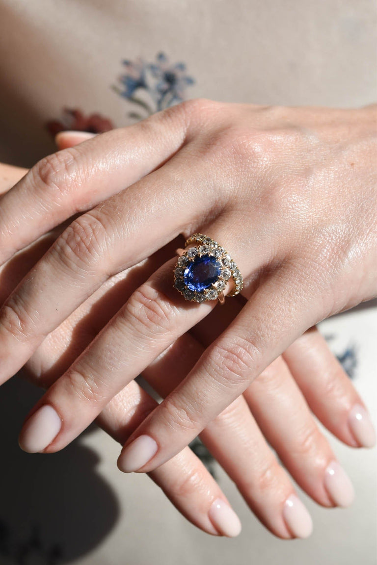Victorian 3 Carat Untreated Oval Burmese Sapphire Diamond Cluster Ring