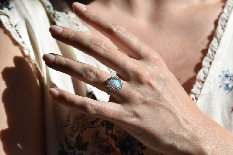 Edwardian Opal and Diamond Antique Cluster Ring
