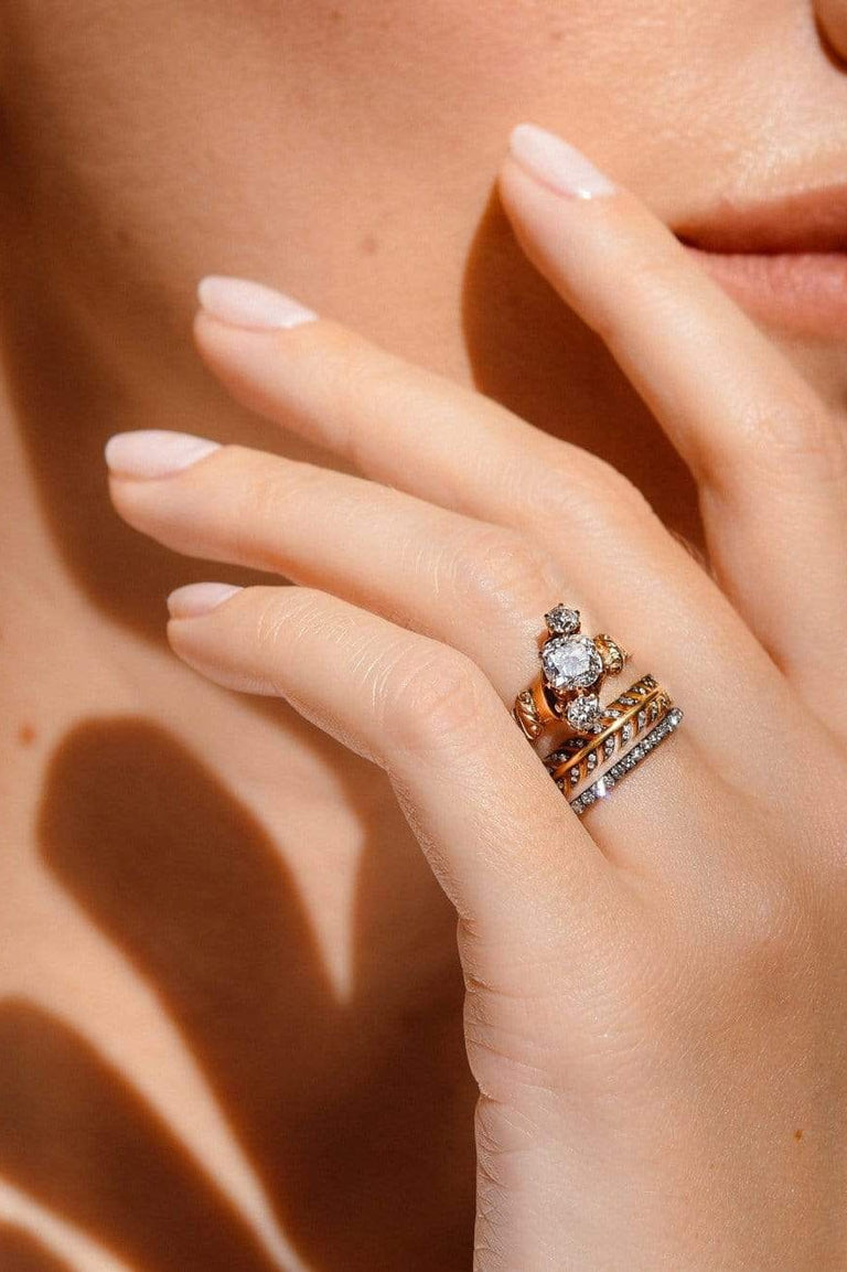 Allsop Bros. Victorian Three-Stone .90 Carat Old Mine Cushion Diamond Ring, America