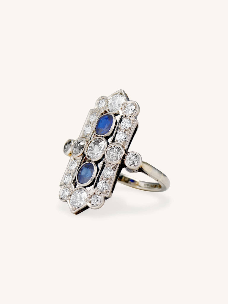 Art Deco Cushion Cut Sapphire & Diamond Dinner Ring