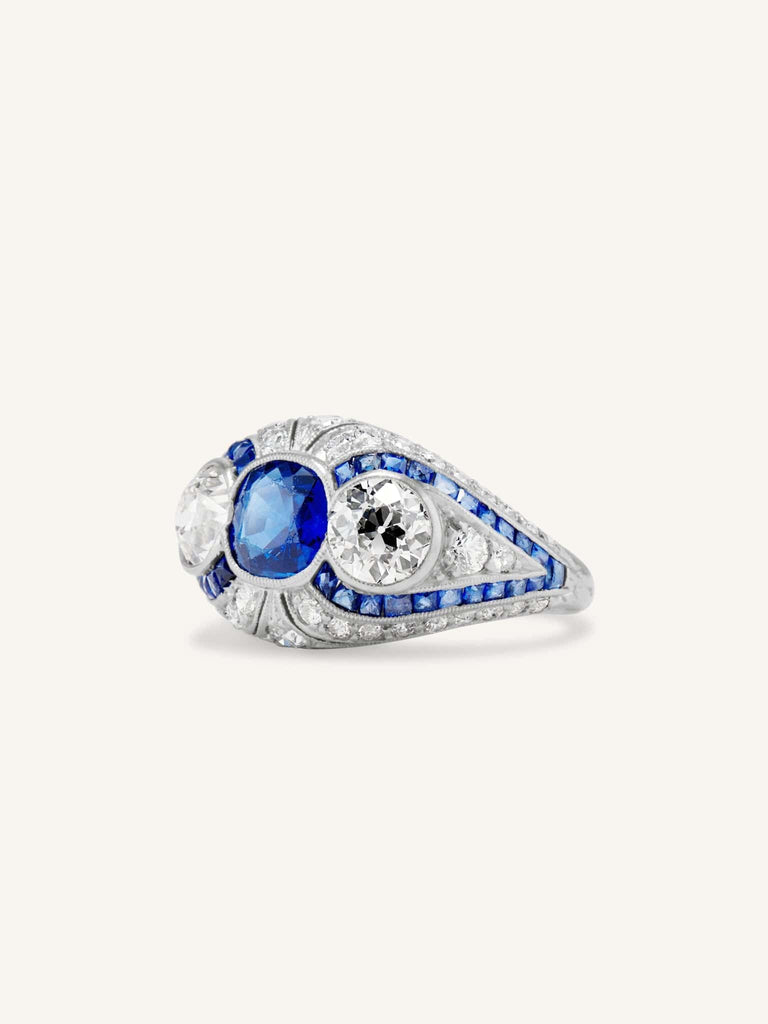Art Deco Sapphire & Diamond Three Stone Vintage Ring