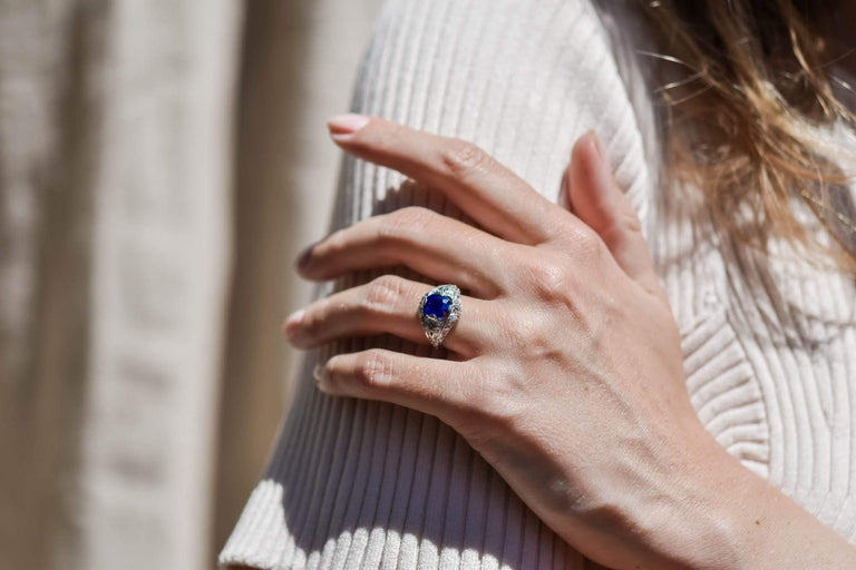 Art Deco T.B. Starr 2.45 Cushion Cut Sapphire in Platinum Ring, America