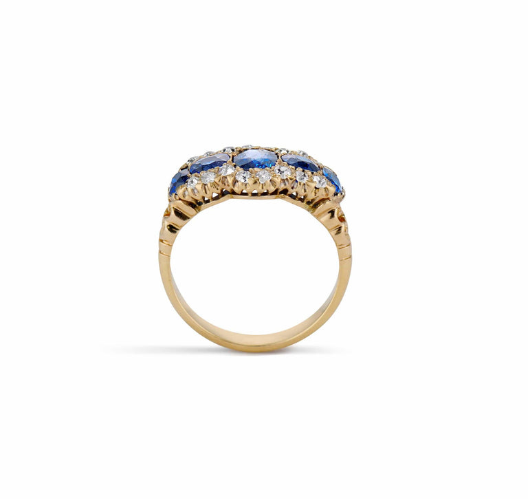 Late Victorian Cushion-Cut Sapphire and Diamond & Gold 5-Stone Ring