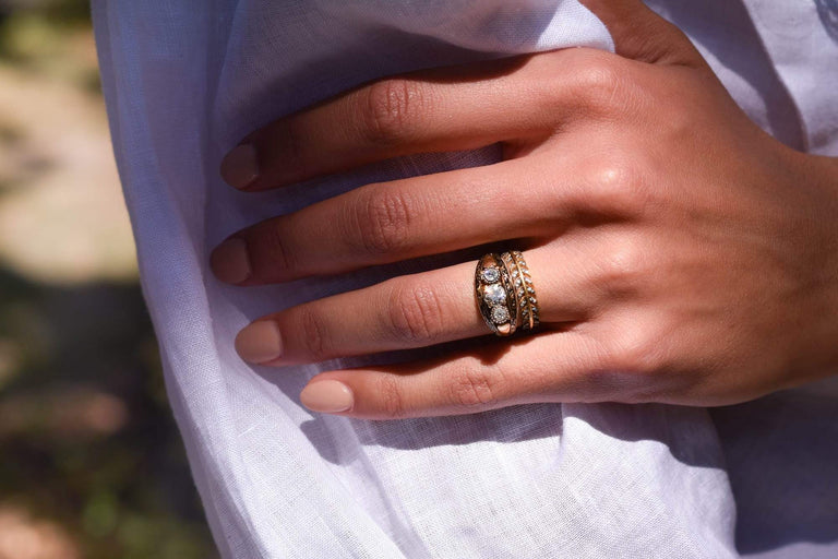 Mid-Century .46 Carat Old European Diamond Three-Stone Enamel Ring, Portugal