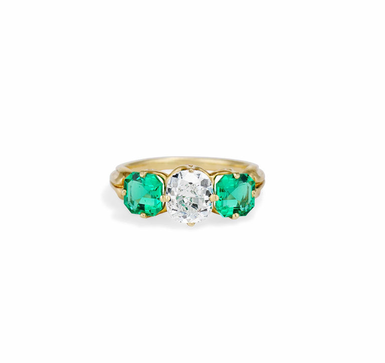 Victorian 1.16 Carat Cushion Cut Diamond and Emerald Engagement Ring