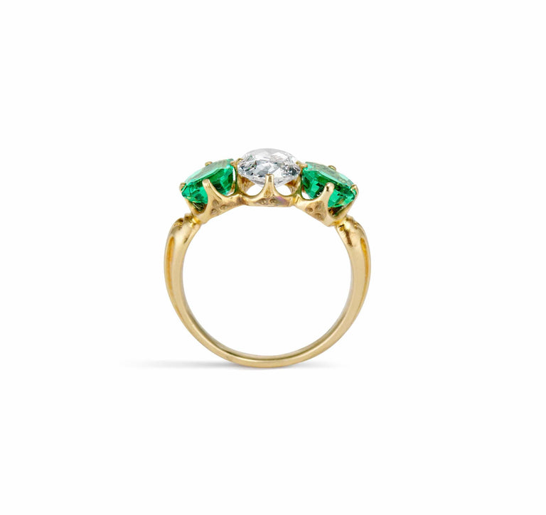 Victorian 1.16 Carat Cushion Cut Diamond and Emerald Engagement Ring