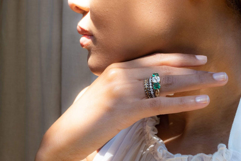 Victorian 1.16 Carat Cushion Cut Diamond and Emerald Engagement Ring