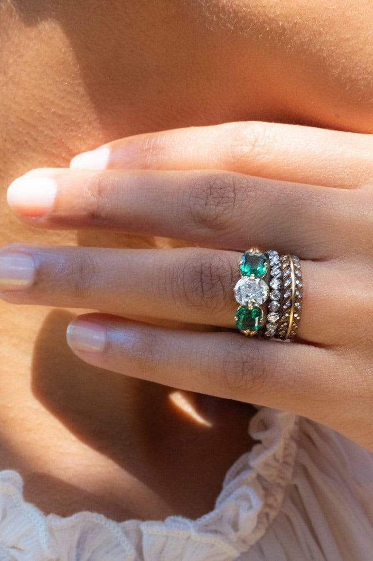 Victorian 1.16 Carat Cushion Cut Diamond and Emerald Engagement Ring