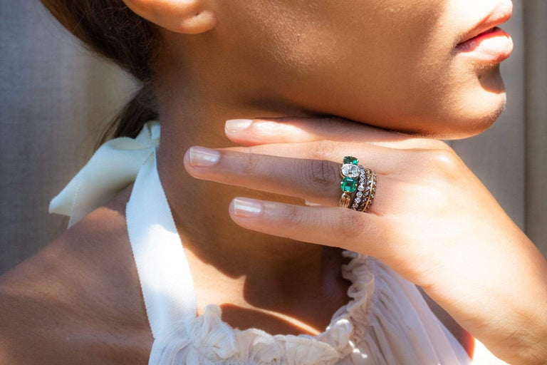 Victorian 1.16 Carat Cushion Cut Diamond and Emerald Engagement Ring