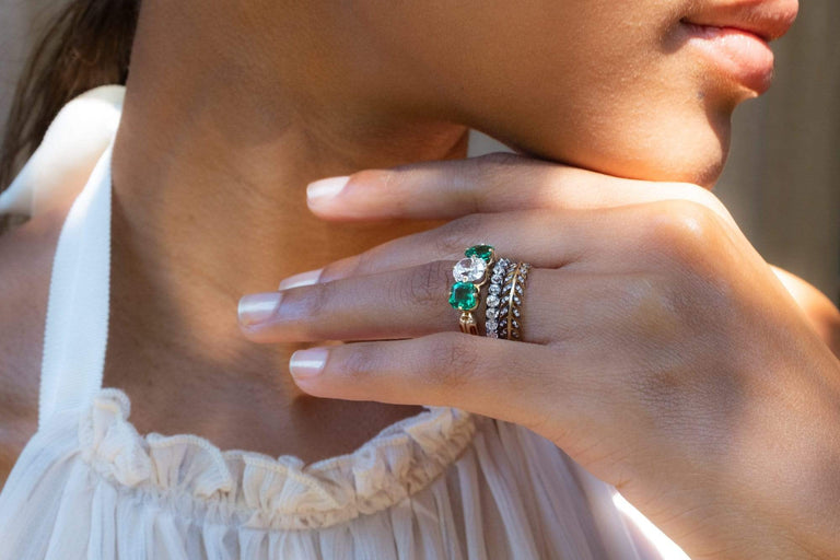 Victorian 1.16 Carat Cushion Cut Diamond and Emerald Engagement Ring