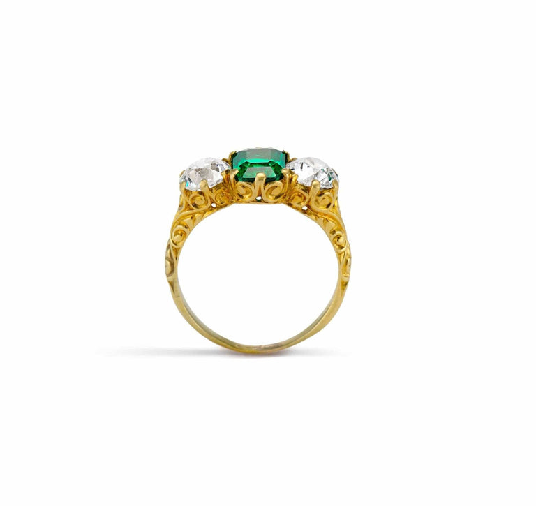 Victorian 1.48 Carat Colombian Emerald & Diamond Three Stone Carved Ring