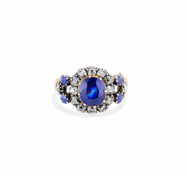 Victorian Cushion Sapphire & Diamond Two Tone Cluster