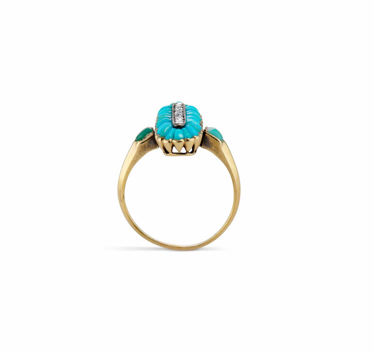 Victorian Turquoise Cabochon and Rose Cut Diamond Dinner Ring
